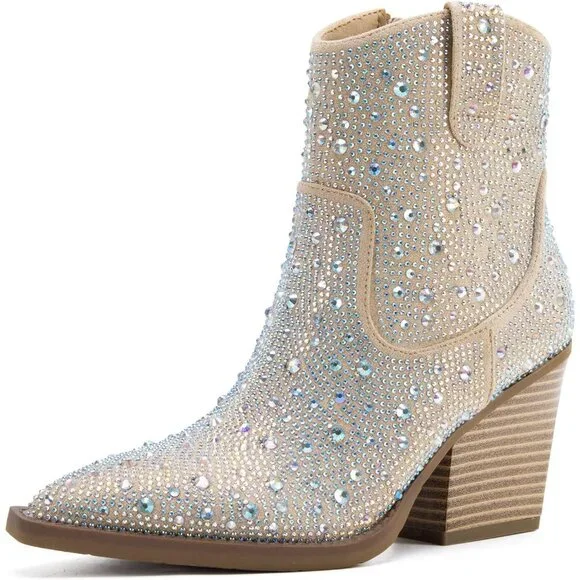 ✨Sparkle Champagne Ankle Boots🍾💎 Rhinestone Pointed Bling✨👢Western Heel Boots👢🌟 - Picture 5 of 6